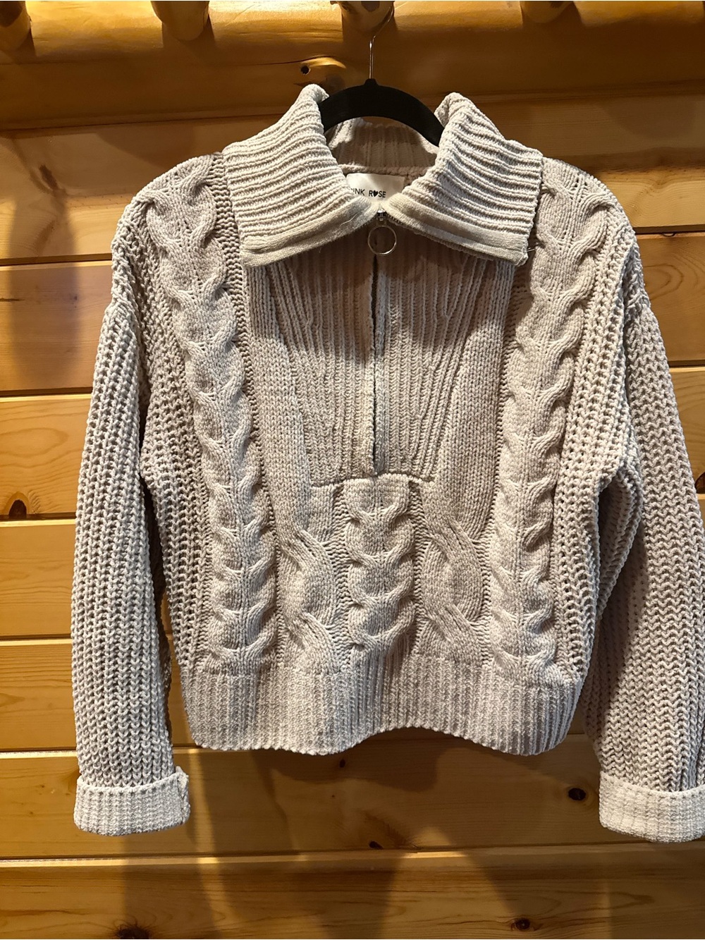 Pink Rose Cream Cable Knit Half-Zip Turtleneck Sweater